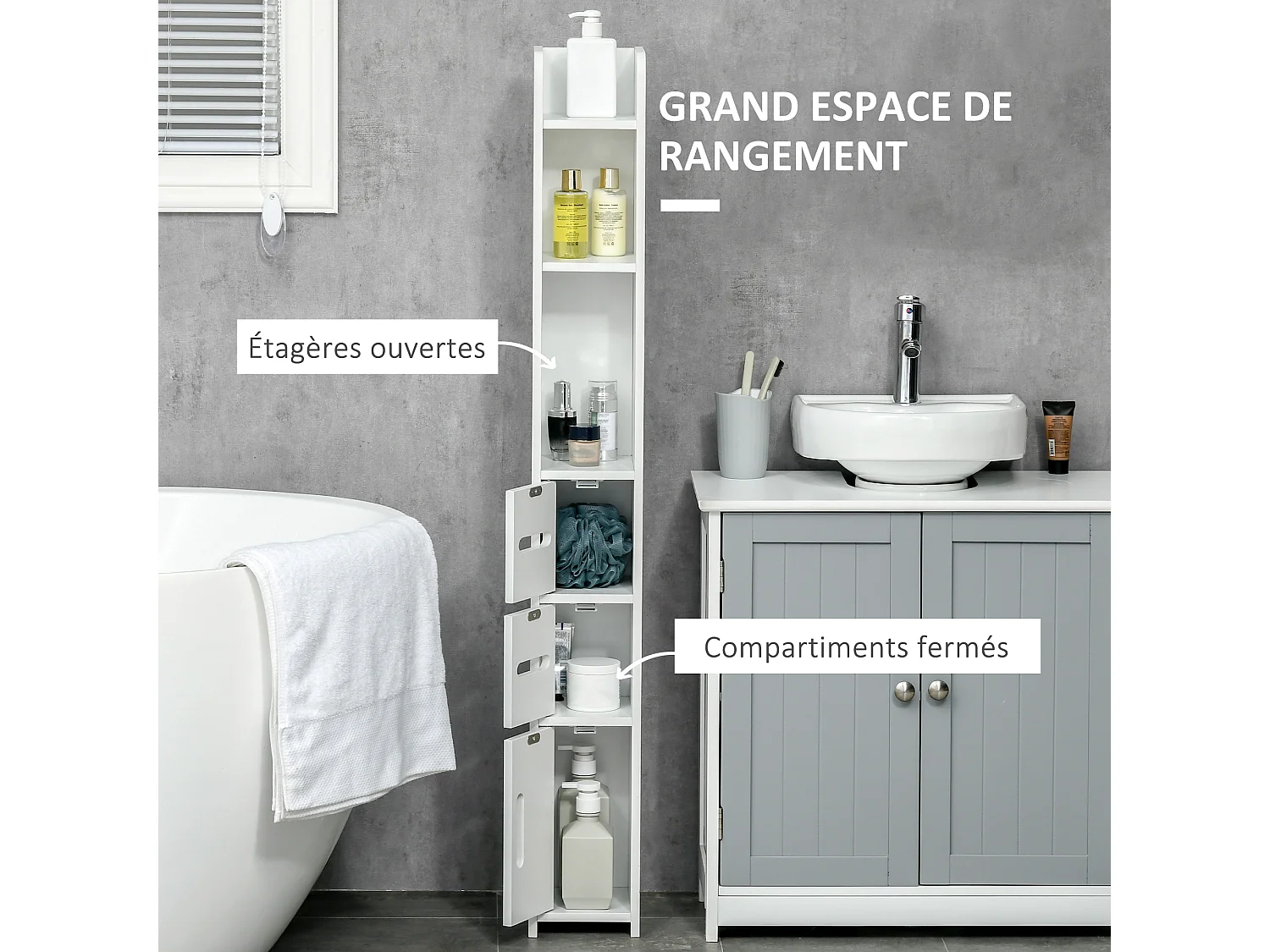 Meuble bas colonne rangement salle de bain WC 3 portes 2 niches étagère blanc