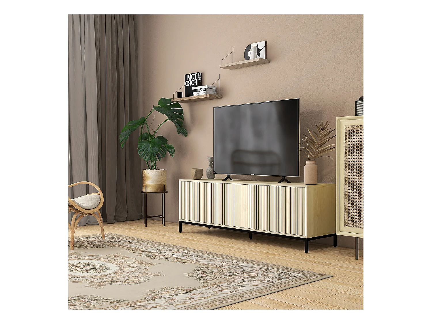 Meuble TV banc TV design Urban Craft - 3 portes, 3 étagères - piètement acier noir aspect bois clair