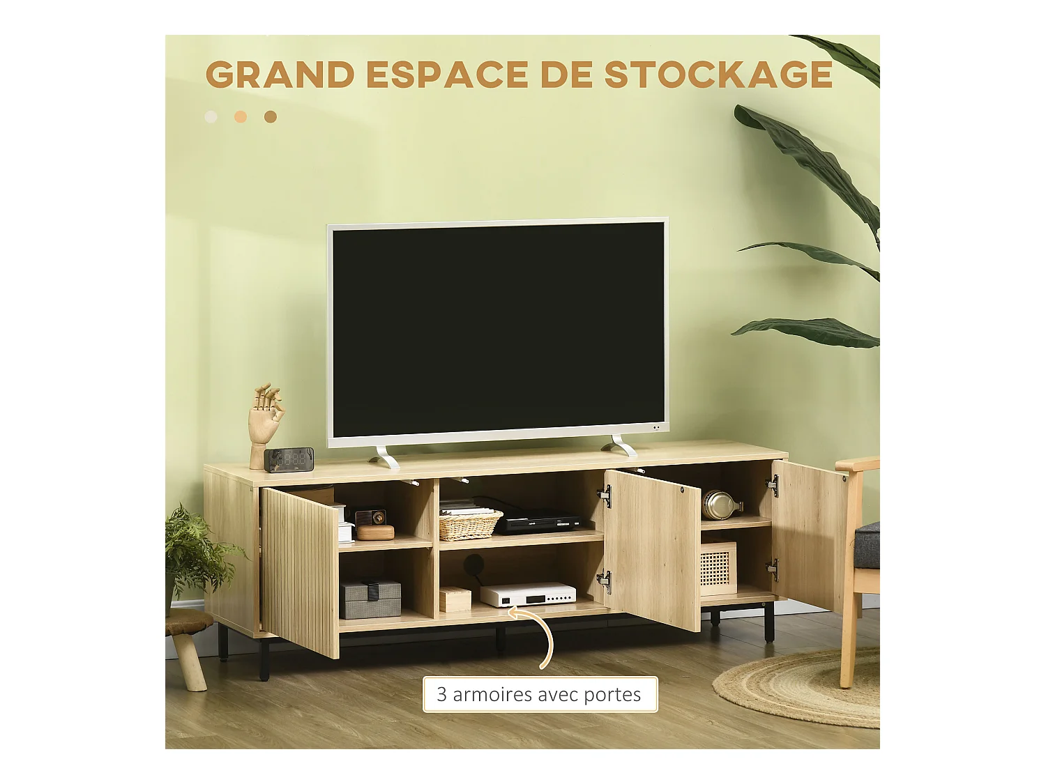 Meuble TV banc TV design Urban Craft - 3 portes, 3 étagères - piètement acier noir aspect bois clair