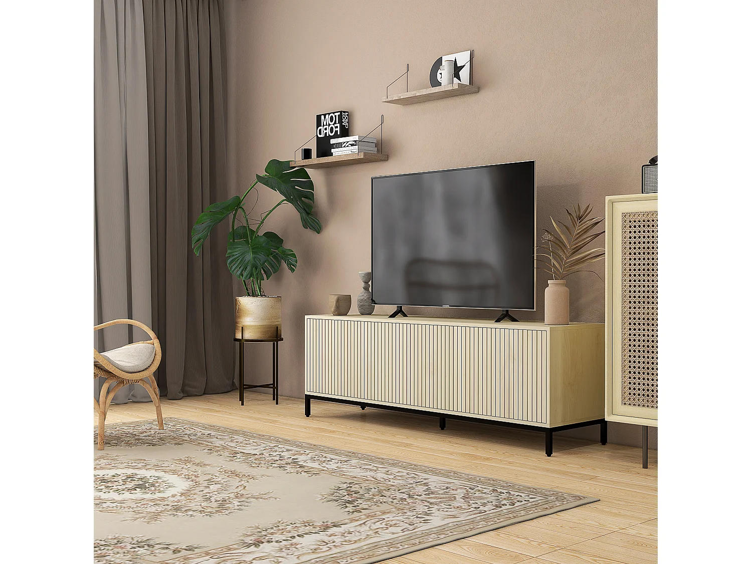 Meuble TV banc TV design Urban Craft - 3 portes, 3 étagères - piètement acier noir aspect bois clair