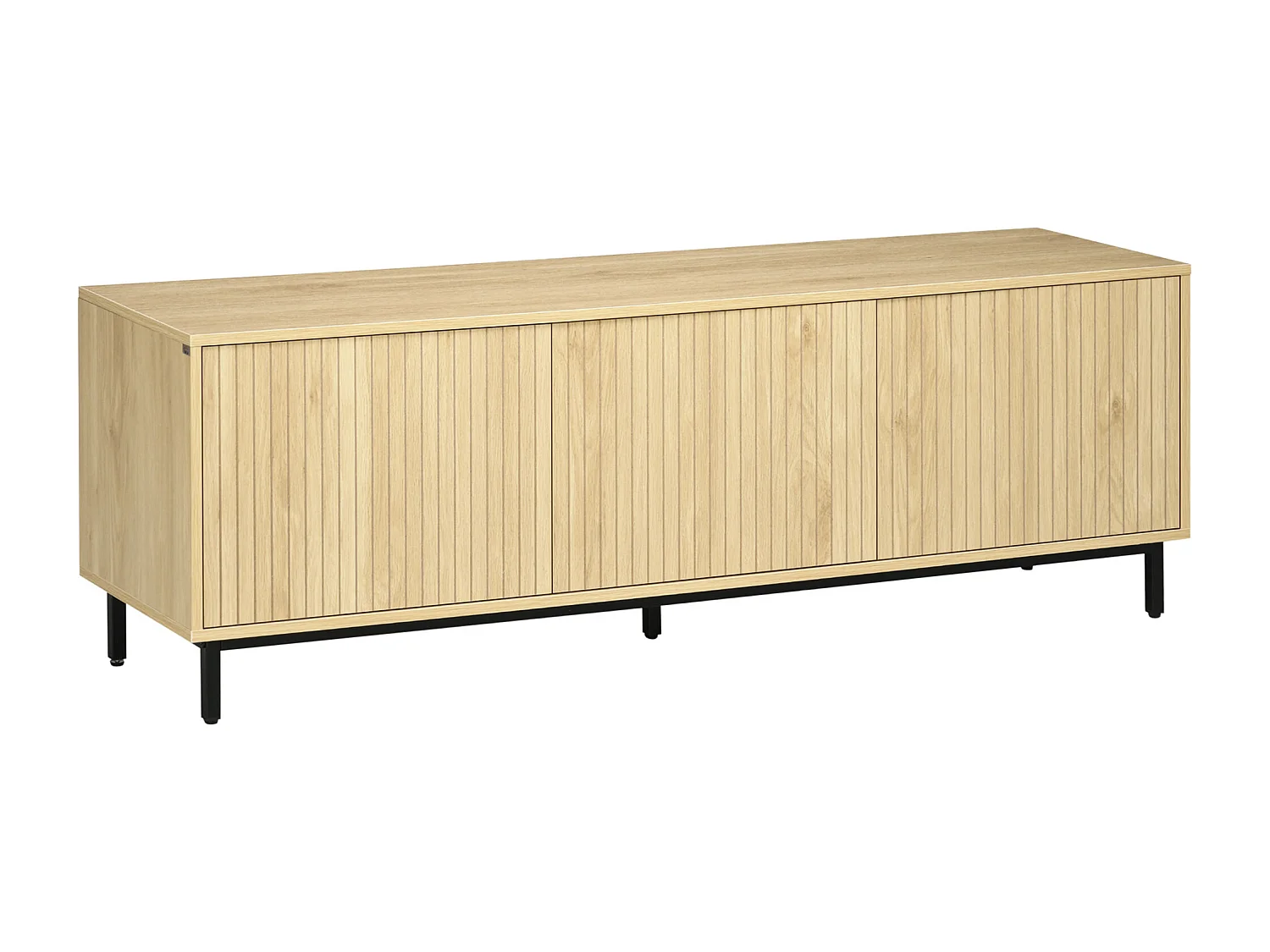 Meuble TV banc TV design Urban Craft - 3 portes, 3 étagères - piètement acier noir aspect bois clair