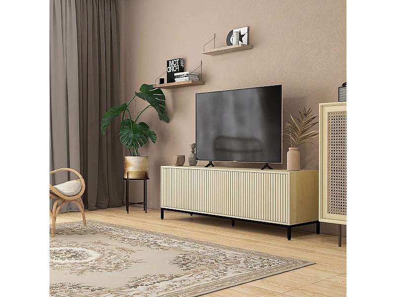 Meuble TV banc TV design Urban Craft - 3 portes, 3 étagères - piètement acier noir aspect bois clair