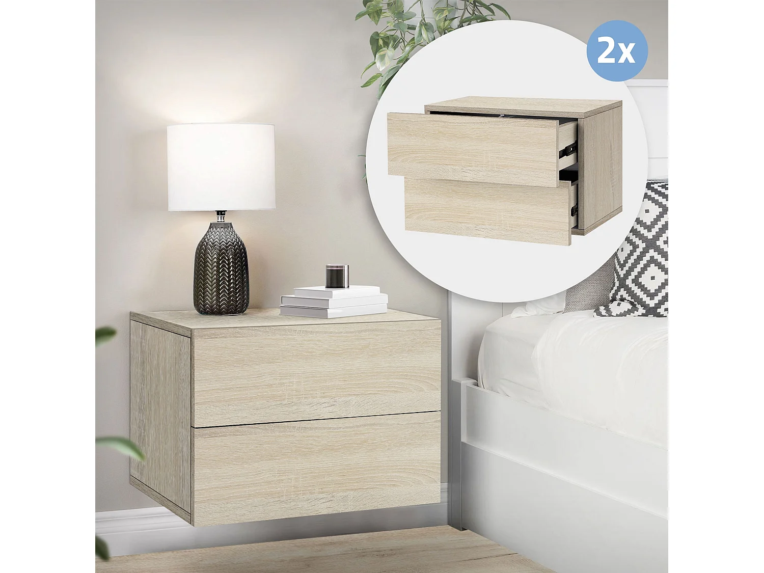 2x Comodino sospeso 2 cassetti comodino comodino rovere ML-DESIGN