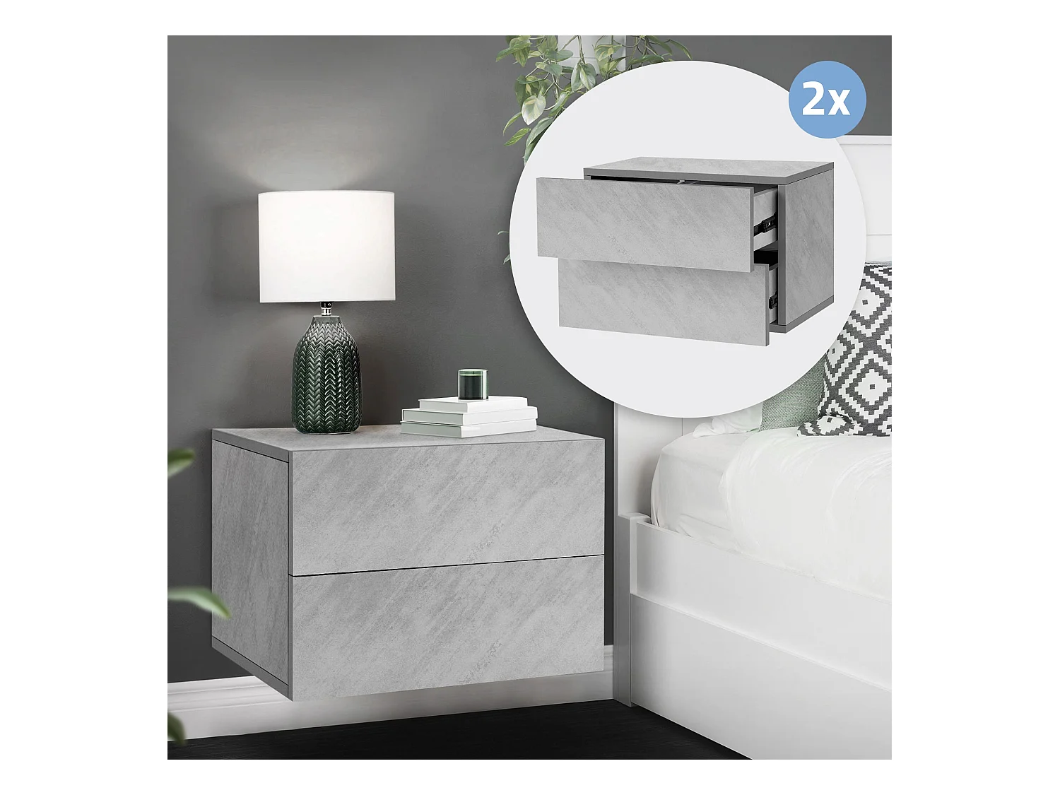 2x Mesita de noche suspendida Cómoda 2 cajones Mesita de noche ML-DESIGN