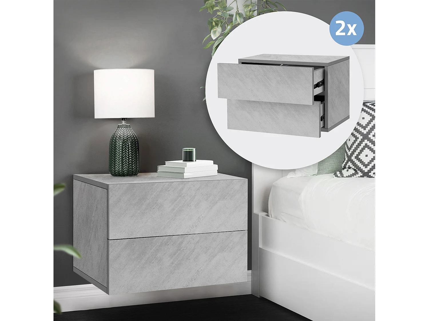 2x Table de nuit suspendue 2 tiroirs commode table de chevet ML-DESIGN