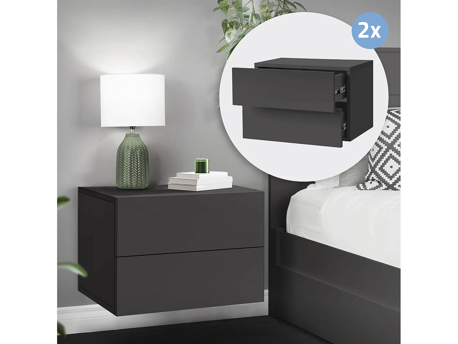 2x Comodino sospeso con 2 cassetti comodino comodino ML-DESIGN