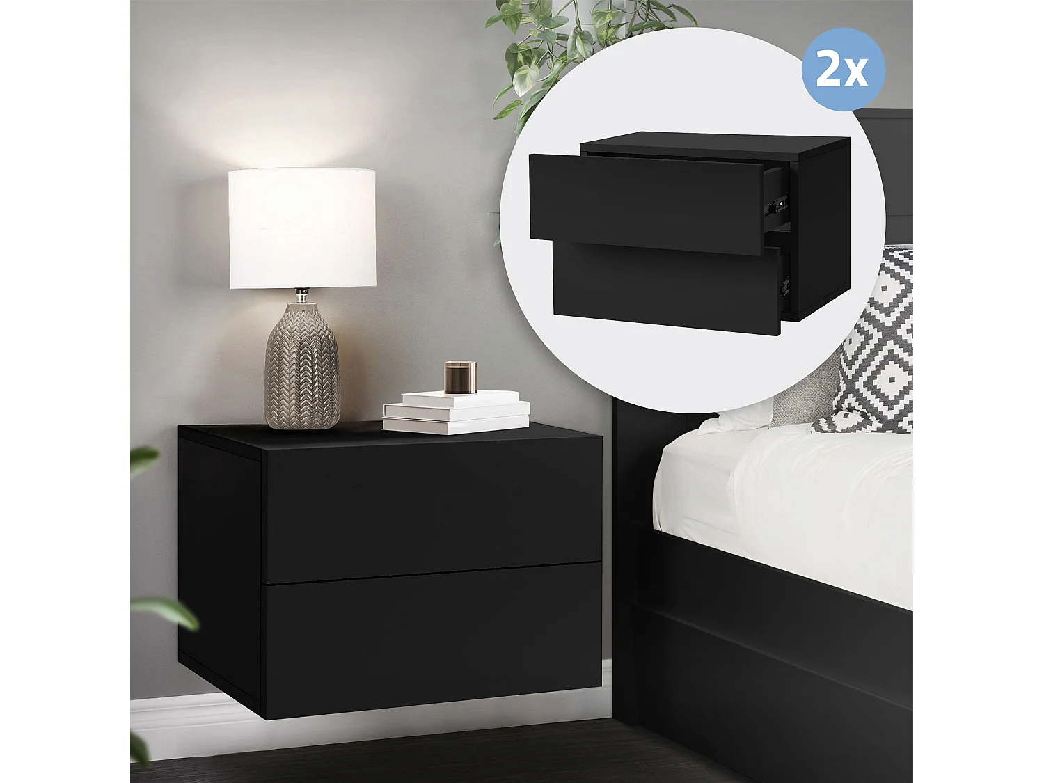 2x Comodino sospeso 2 cassetti comodino nero opaco comodino ML-DESIGN