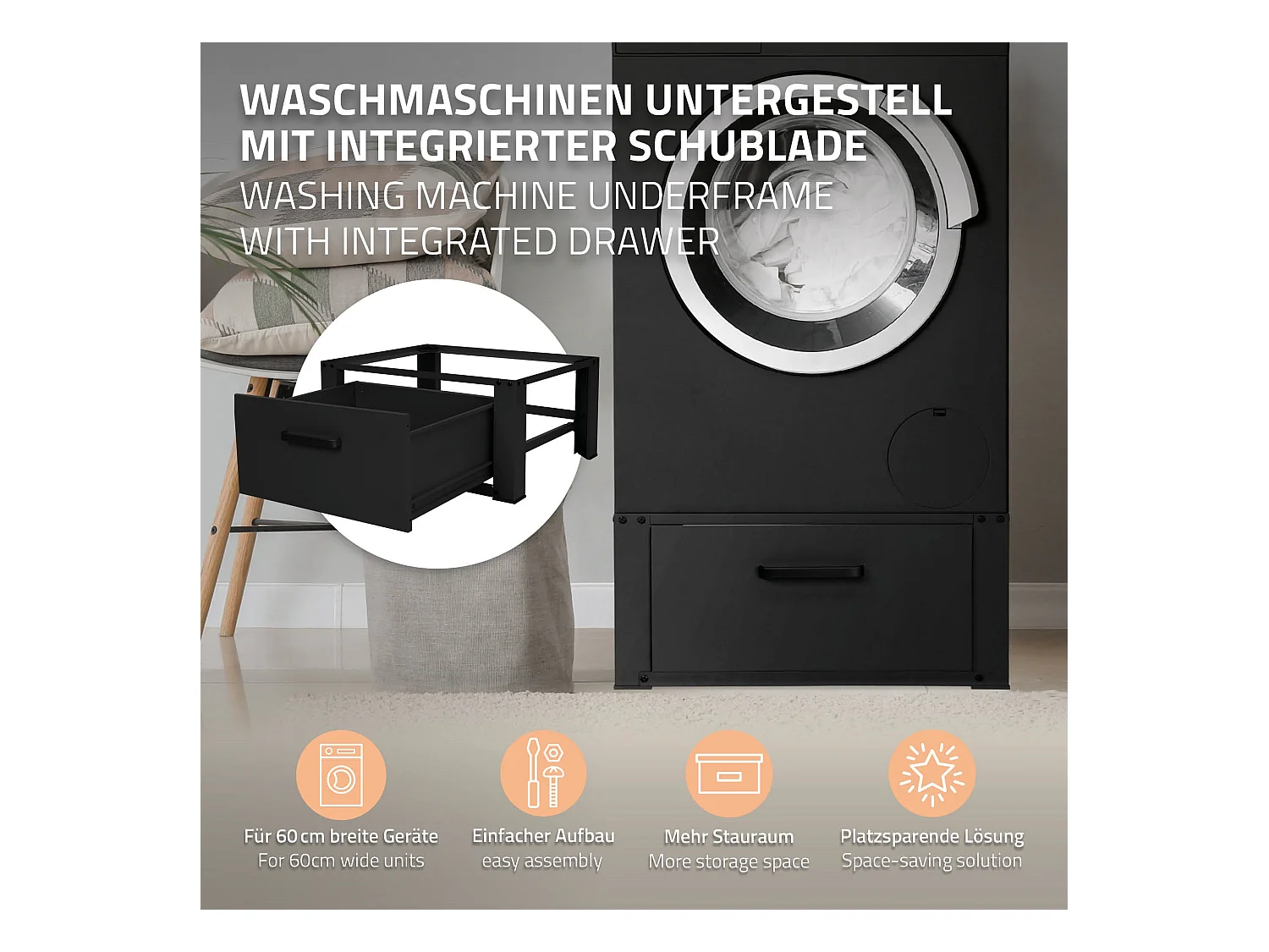 Soporte de elevación para lavadora o secadora con cajón blanco ML-Design