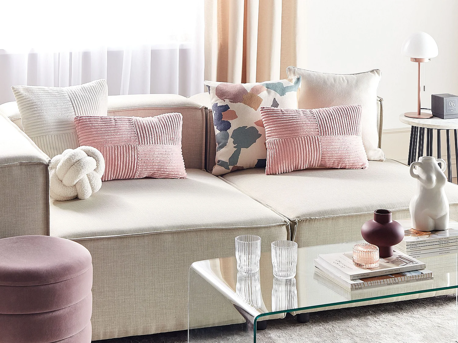 Lot de 2 coussins décoratifs MILLET Velours côtelé 30 x 50 cm Rose Motif géométrique