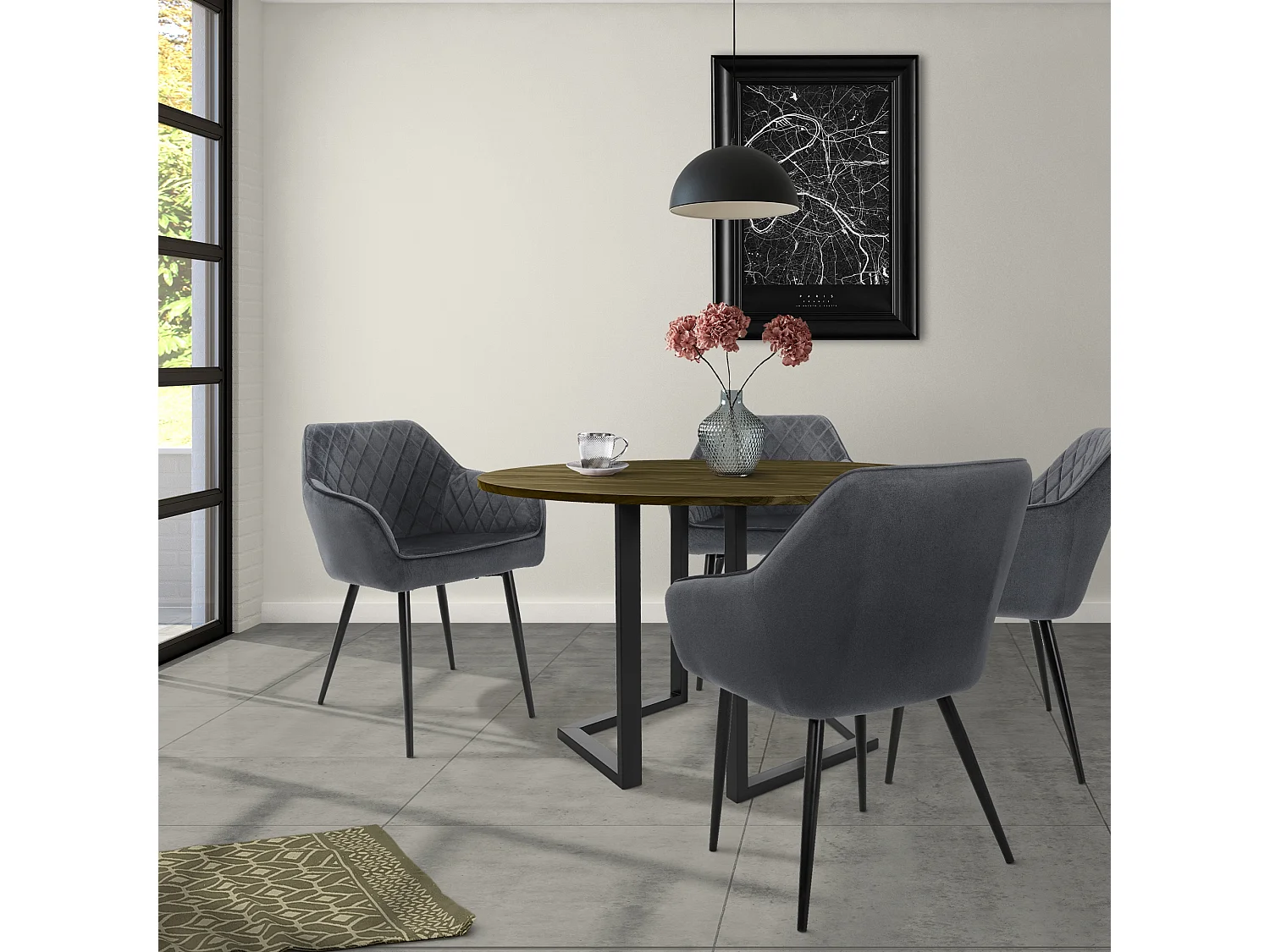 Lot de 4 chaises de salle à manger anthracite dossier et accoudoirs ergonomiques revêtement en velours respirant pieds noir en acier design moderne
