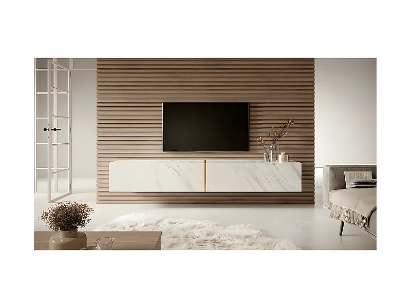 TV-Schrank Weiß in Marmor-Optik mit goldfarbenem Einsatz, 200 cm - Bisira