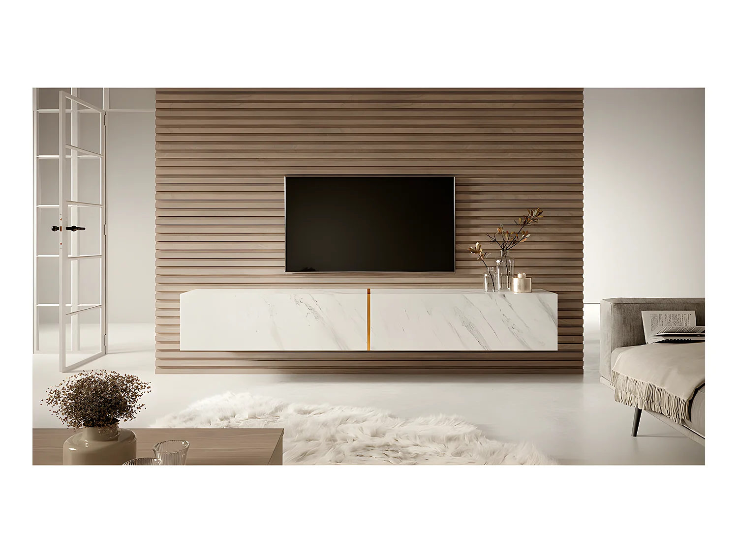 TV-Schrank Weiß in Marmor-Optik mit goldfarbenem Einsatz, 200 cm - Bisira