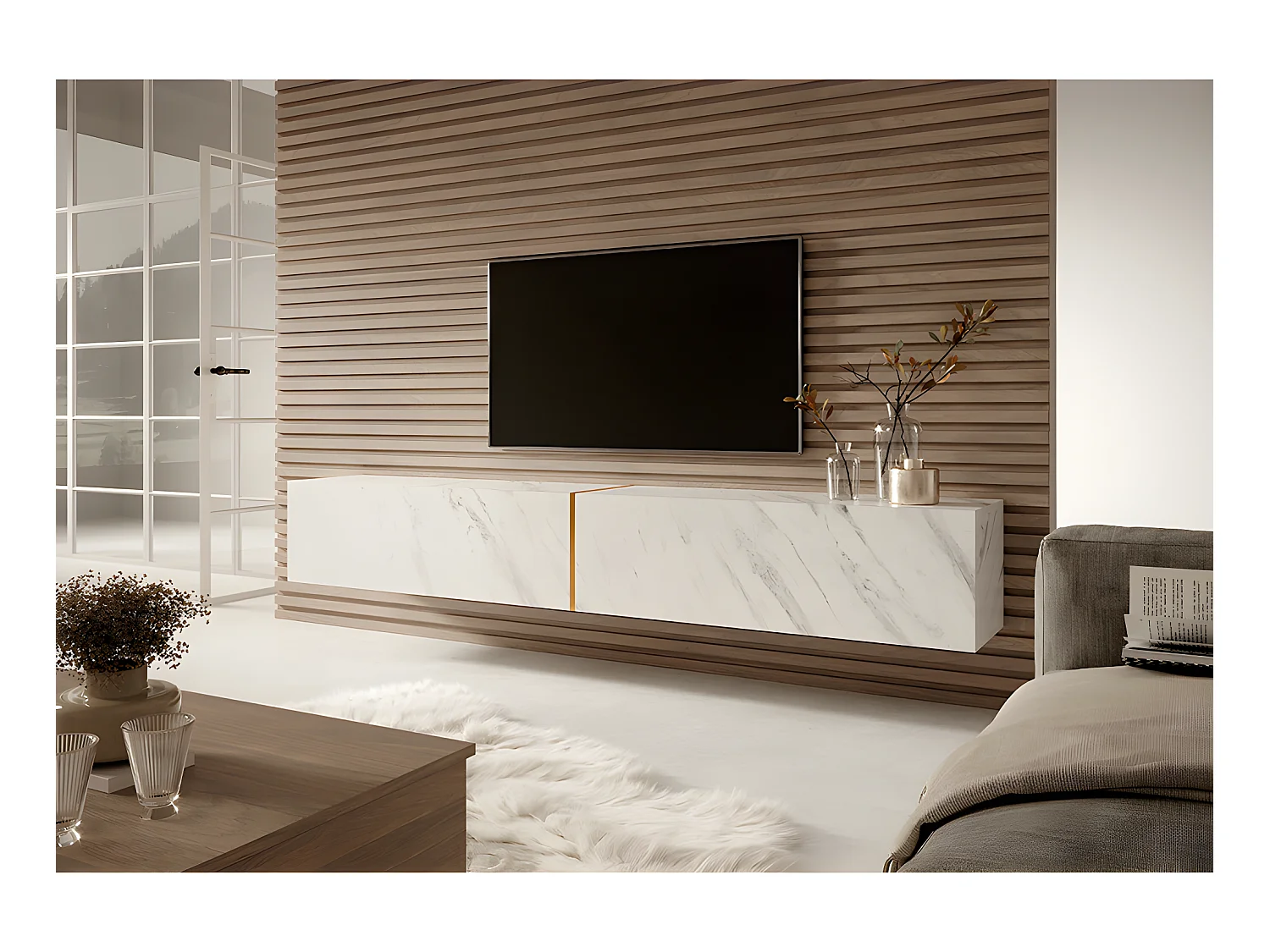 TV-Schrank Weiß in Marmor-Optik mit goldfarbenem Einsatz, 200 cm - Bisira