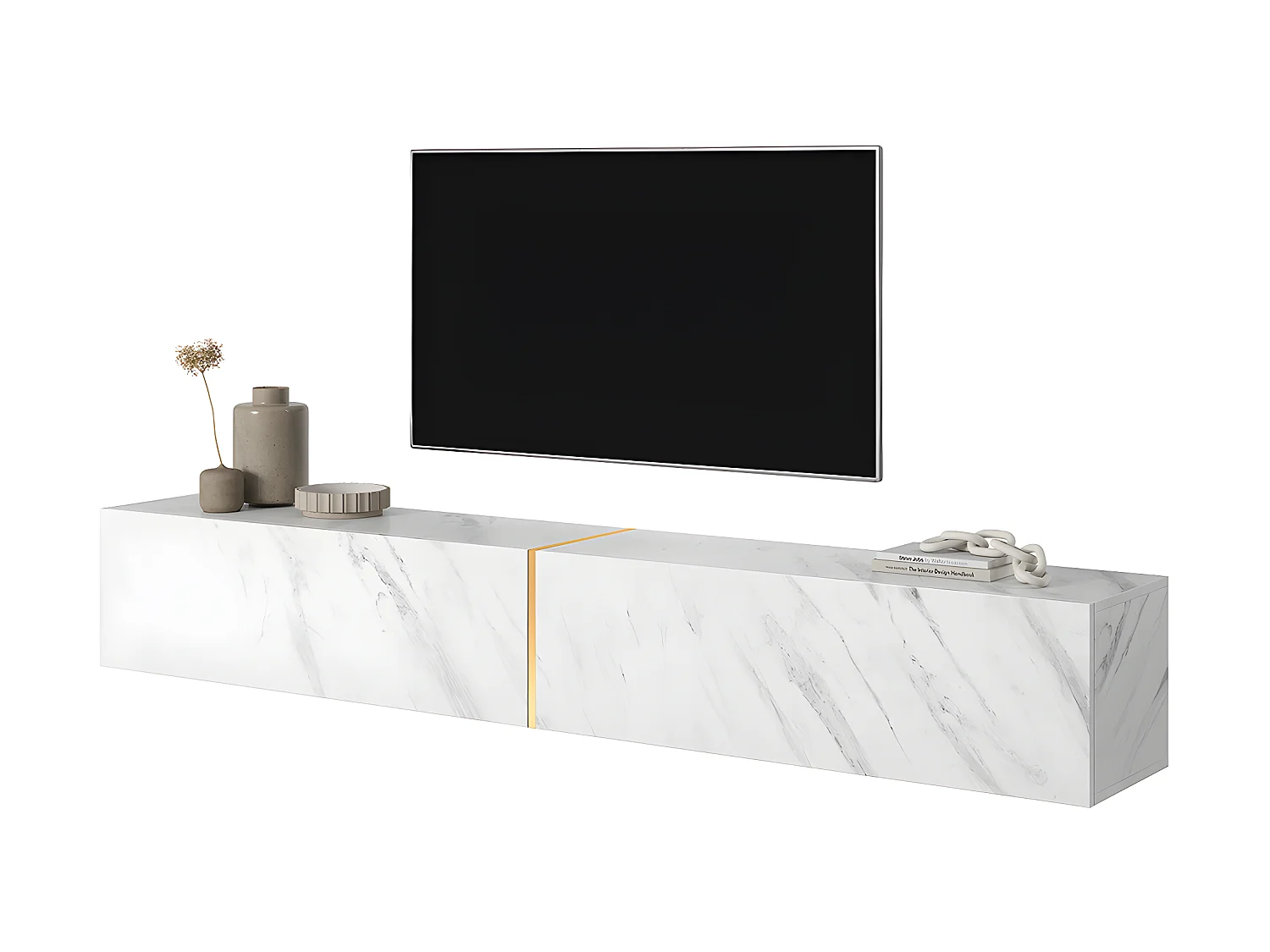 TV-Schrank Weiß in Marmor-Optik mit goldfarbenem Einsatz, 200 cm - Bisira