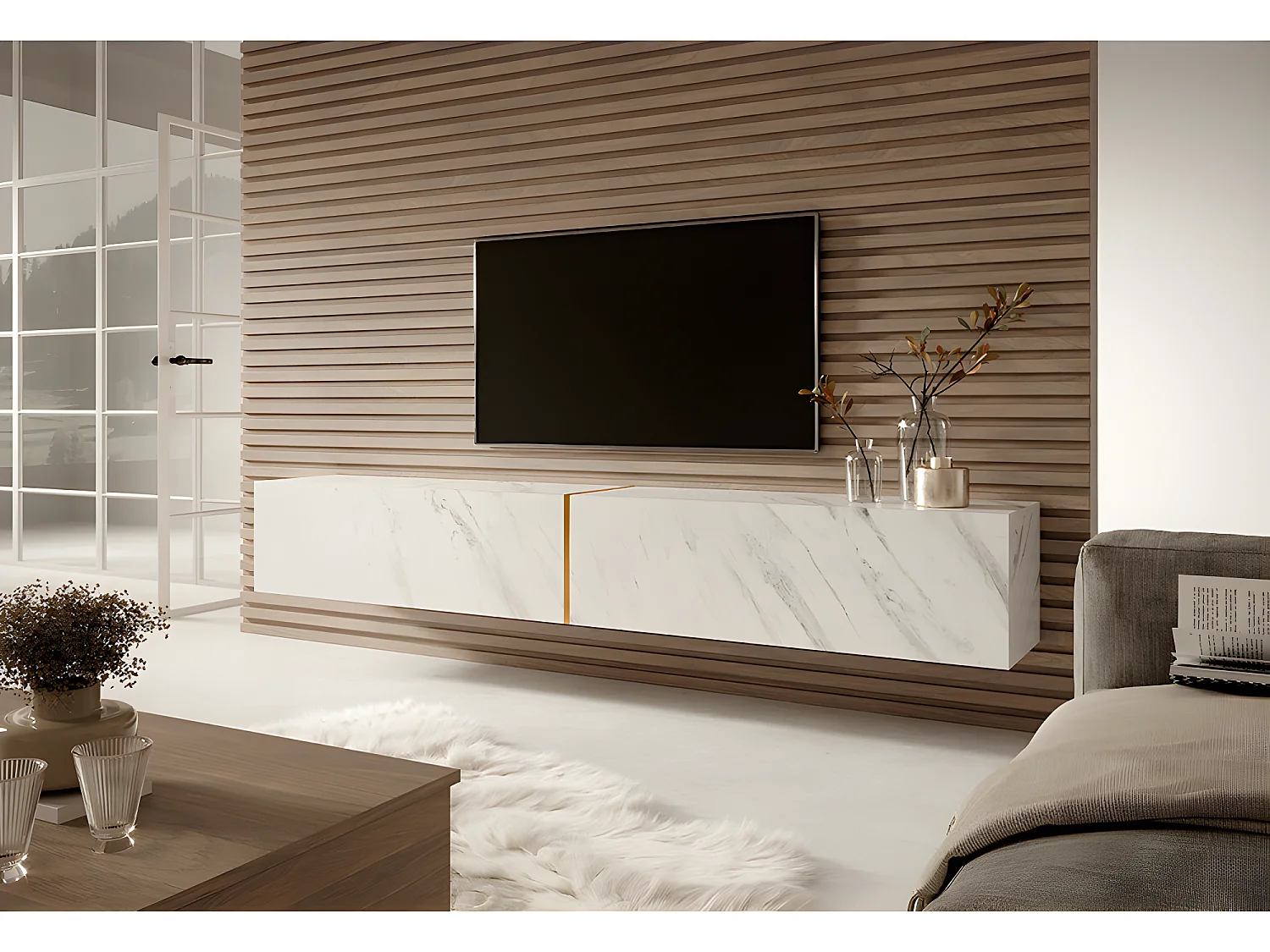 Meuble TV 200 cm - en marbre blanc avec insert doré - BISIRA