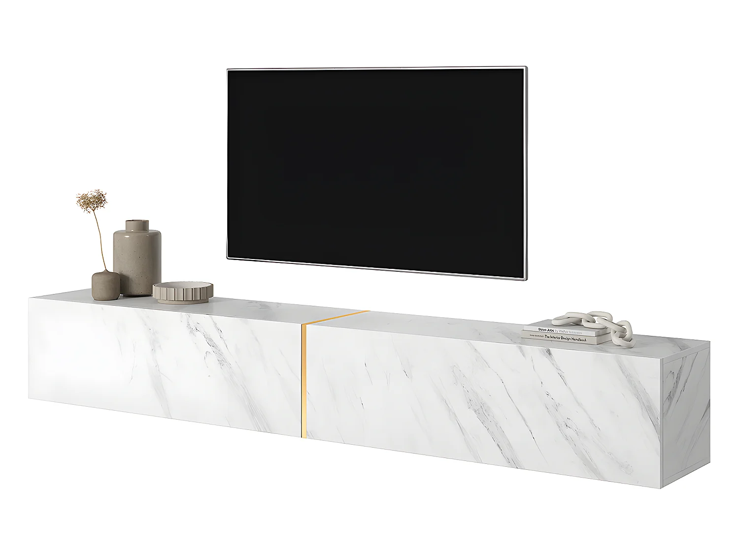 Meuble TV 200 cm - en marbre blanc avec insert doré - BISIRA