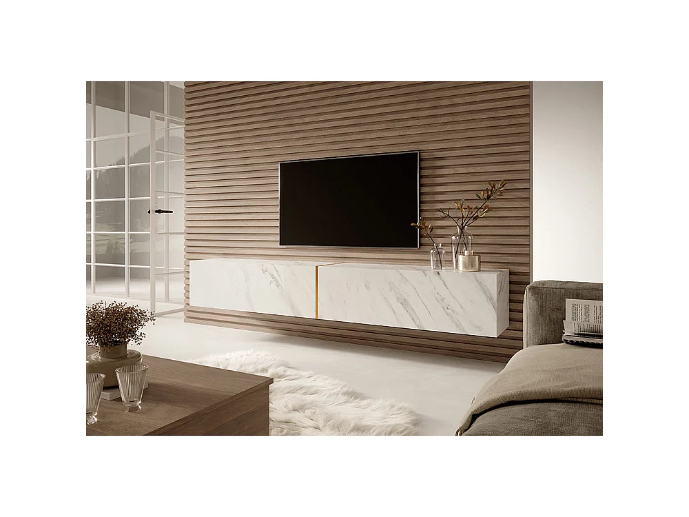 Meuble TV 200 cm - en marbre blanc avec insert doré - BISIRA