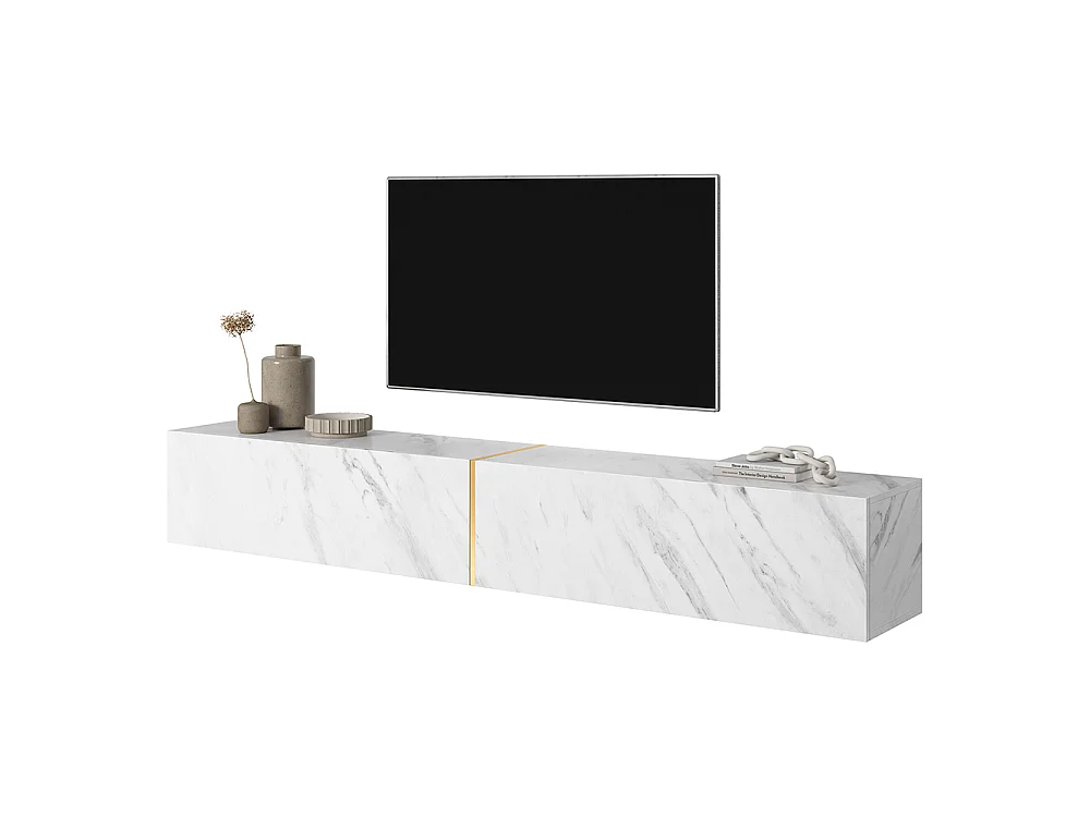 Meuble TV 200 cm - en marbre blanc avec insert doré - BISIRA