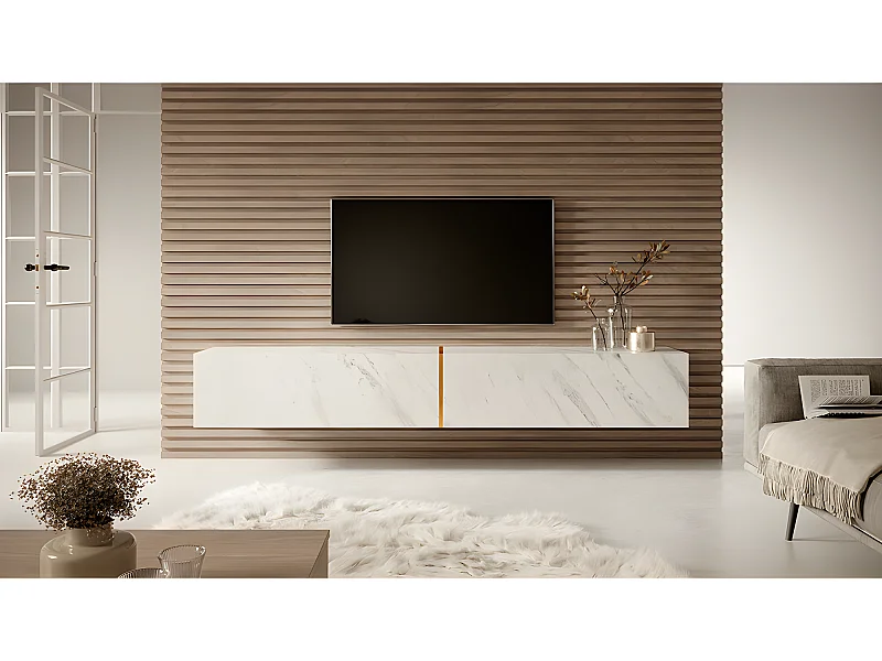 Mobile TV bianco in look marmo con inserto color oro, 200 cm - Bisira