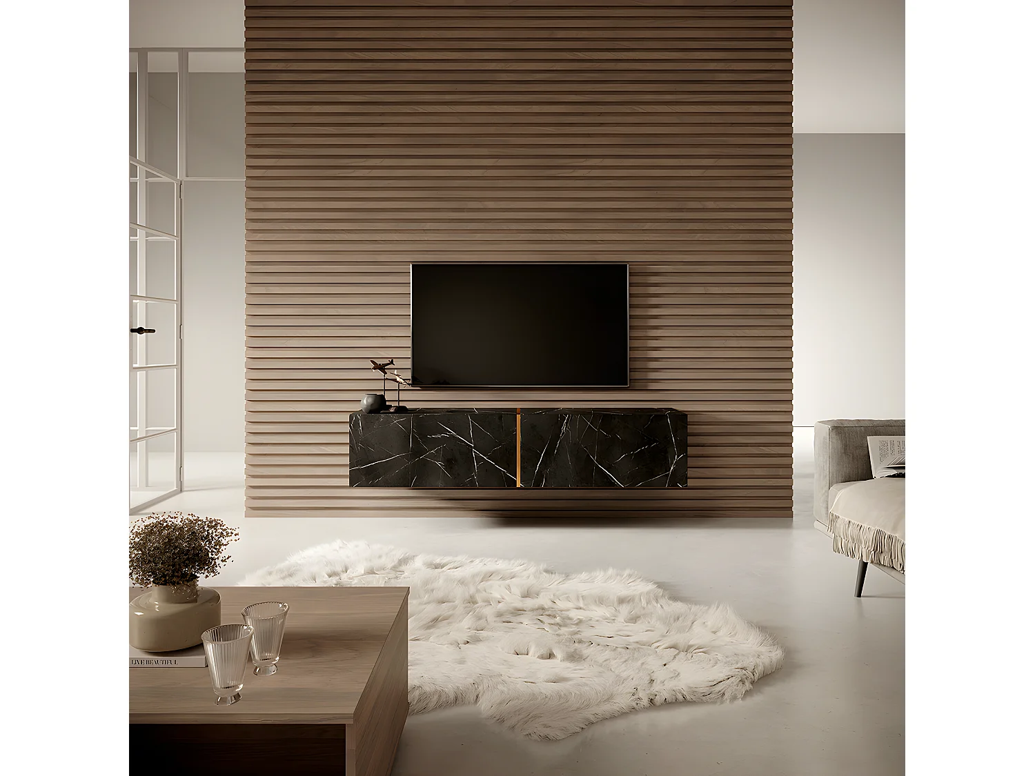 Meuble TV 140 cm - en marbre noir avec insert doré - BISIRA