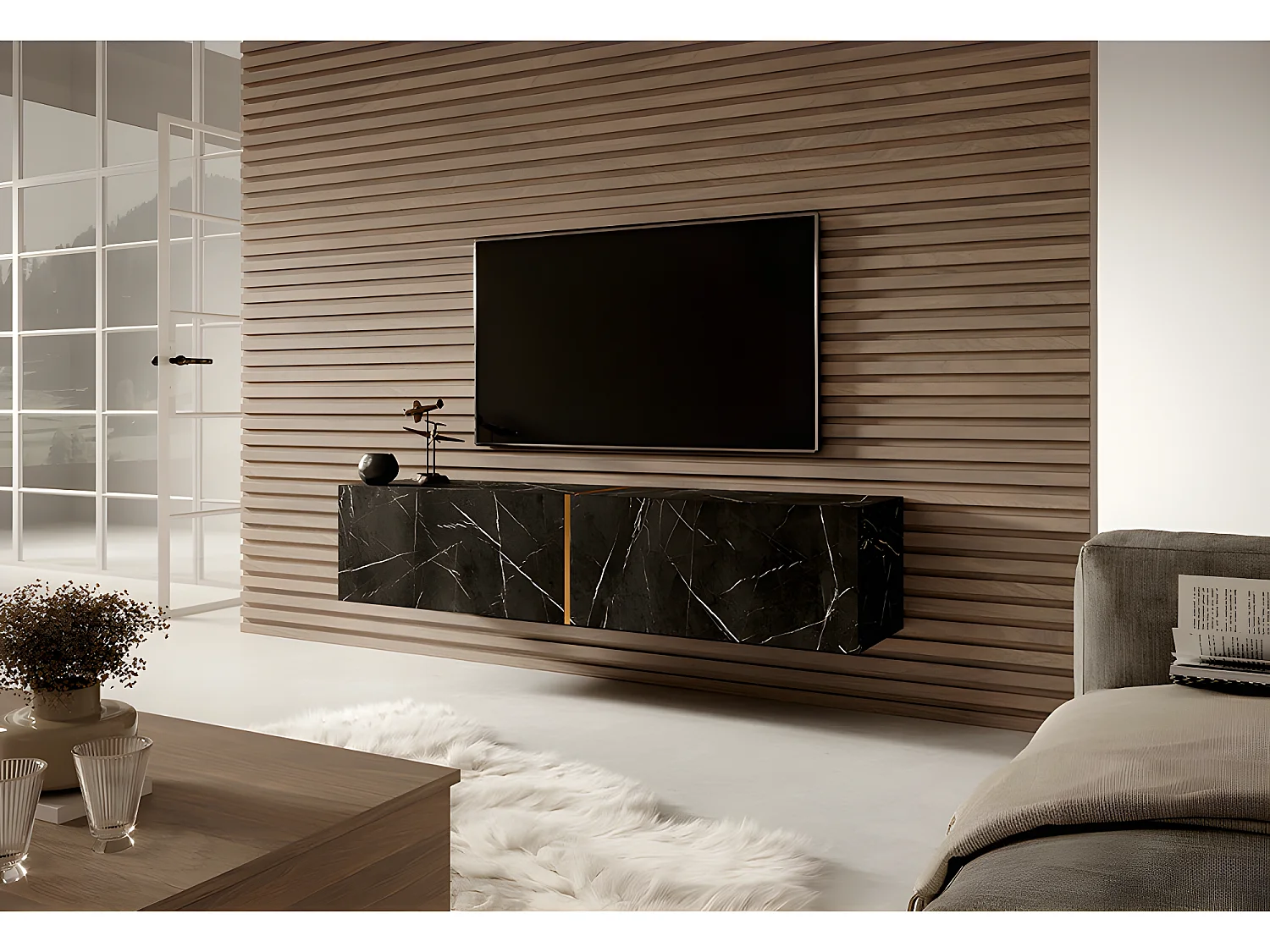 Meuble TV 140 cm - en marbre noir avec insert doré - BISIRA