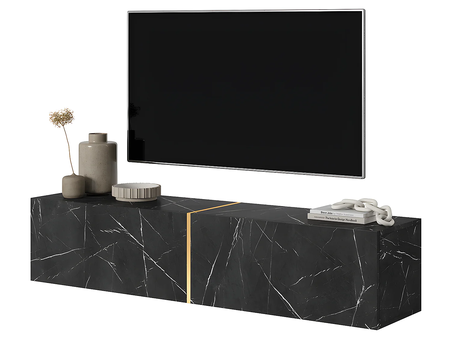 Meuble TV 140 cm - en marbre noir avec insert doré - BISIRA