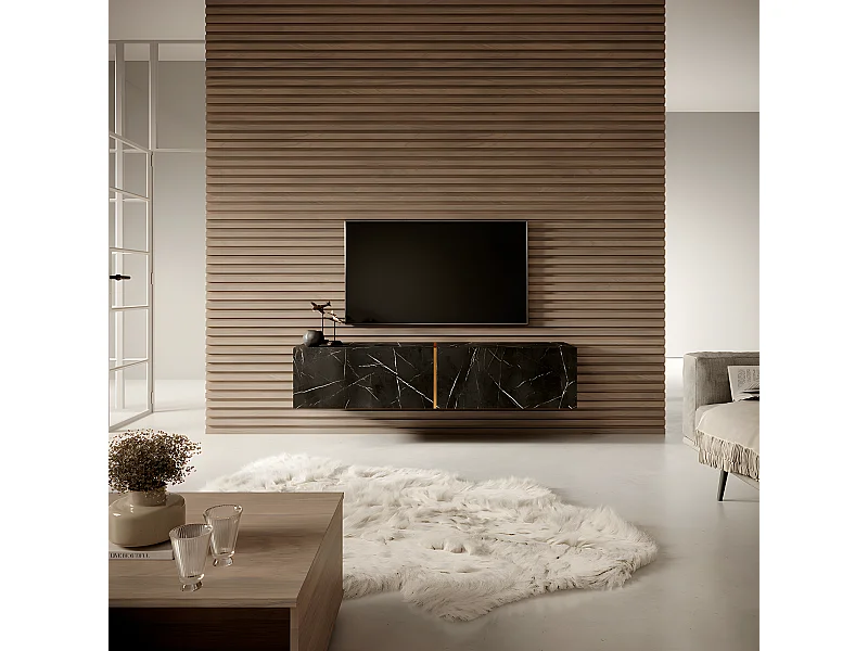 Meuble TV 140 cm - en marbre noir avec insert doré - BISIRA