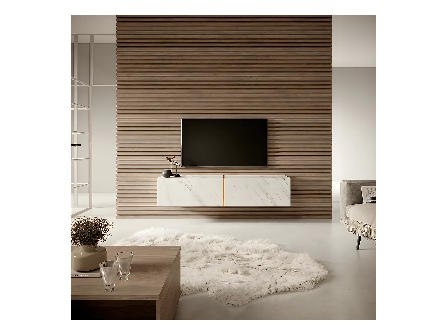 Mobile TV bianco in look marmo con inserto color oro, 140 cm - Bisira