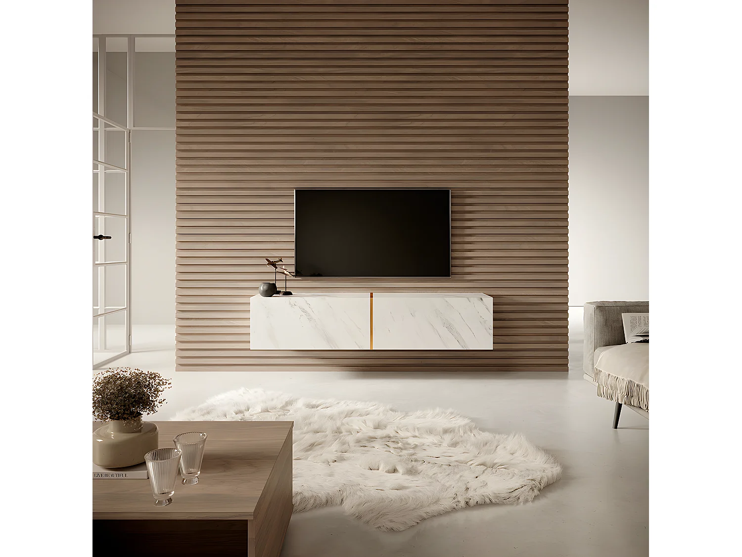 Mobile TV bianco in look marmo con inserto color oro, 140 cm - Bisira