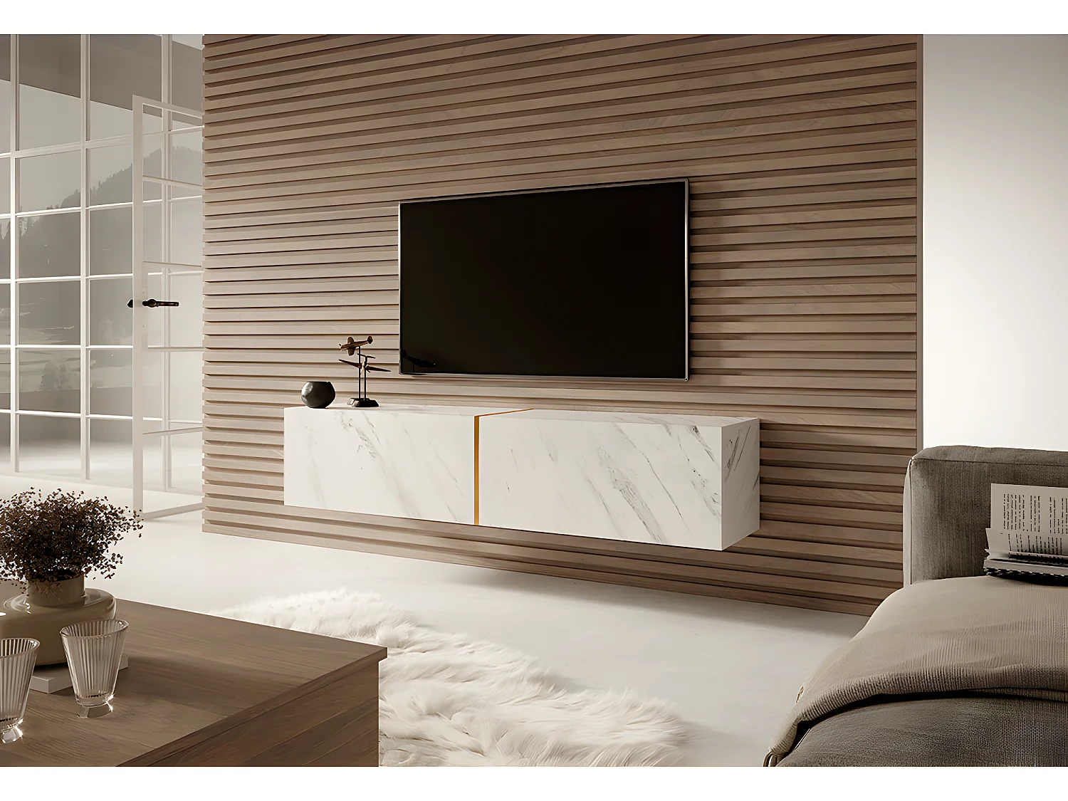 Mobile TV bianco in look marmo con inserto color oro, 140 cm - Bisira