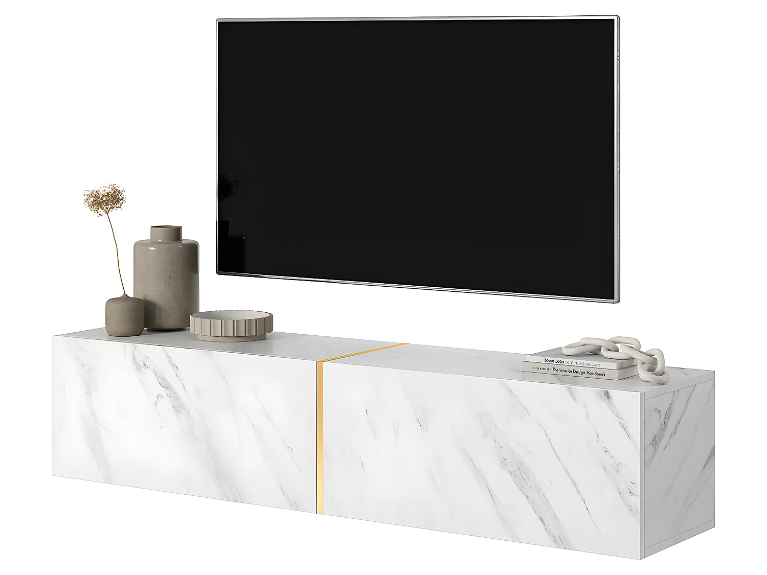 Mobile TV bianco in look marmo con inserto color oro, 140 cm - Bisira