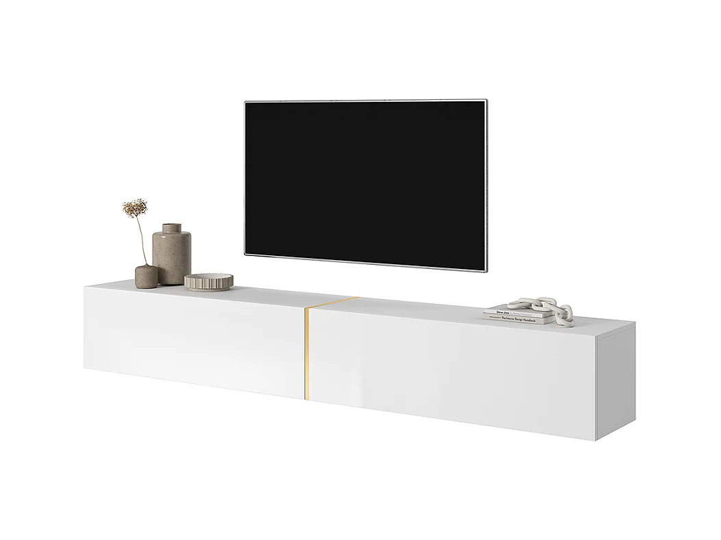 Meuble TV 200 cm - blanc avec insert doré - BISIRA