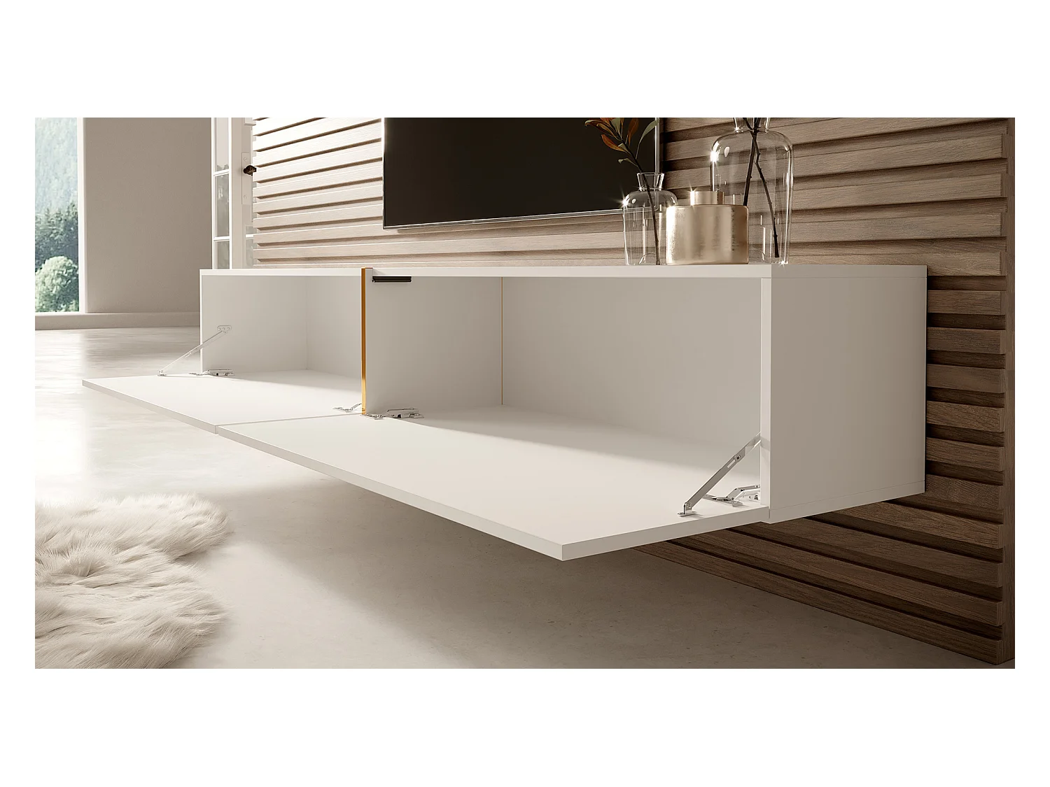 Meuble TV 200 cm - blanc avec insert doré - BISIRA