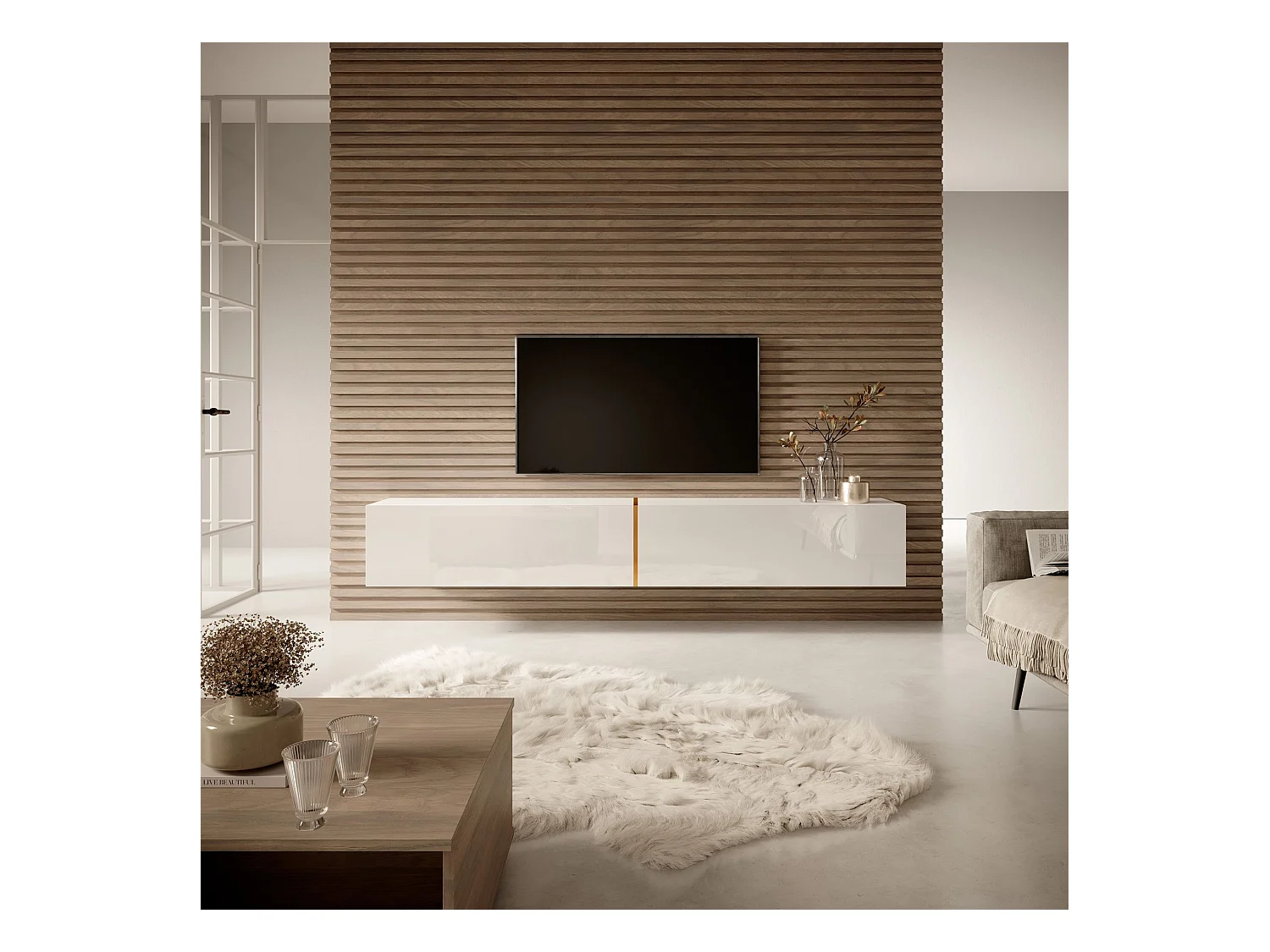 Meuble TV 200 cm - blanc avec insert doré - BISIRA
