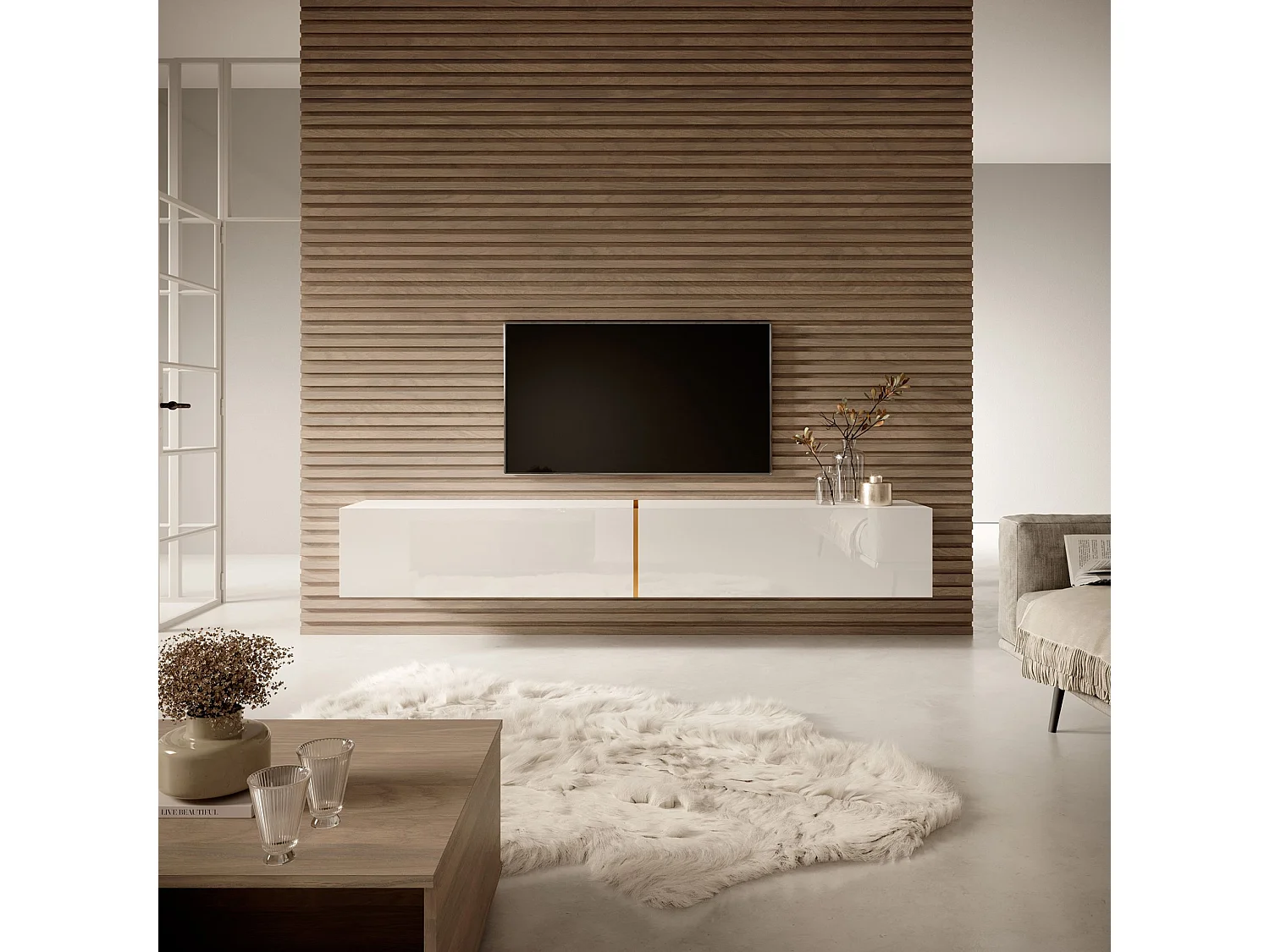 Meuble TV 200 cm - blanc avec insert doré - BISIRA