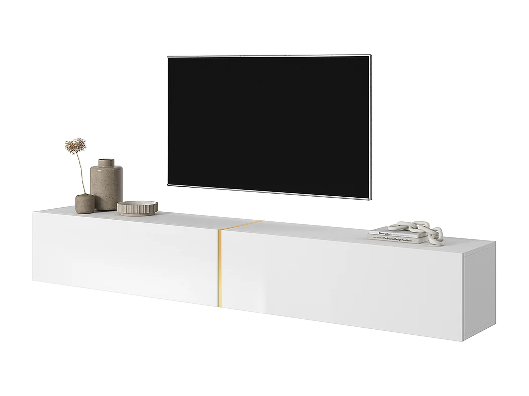 Meuble TV 200 cm - blanc avec insert doré - BISIRA