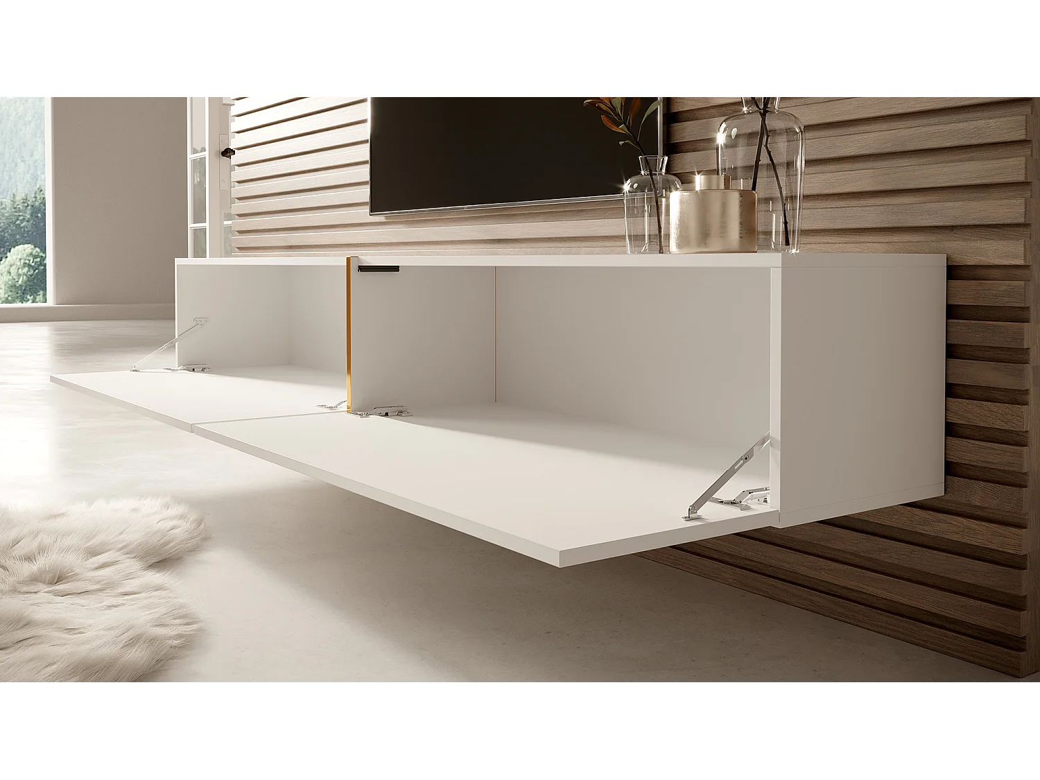 Meuble TV 200 cm - blanc avec insert doré - BISIRA