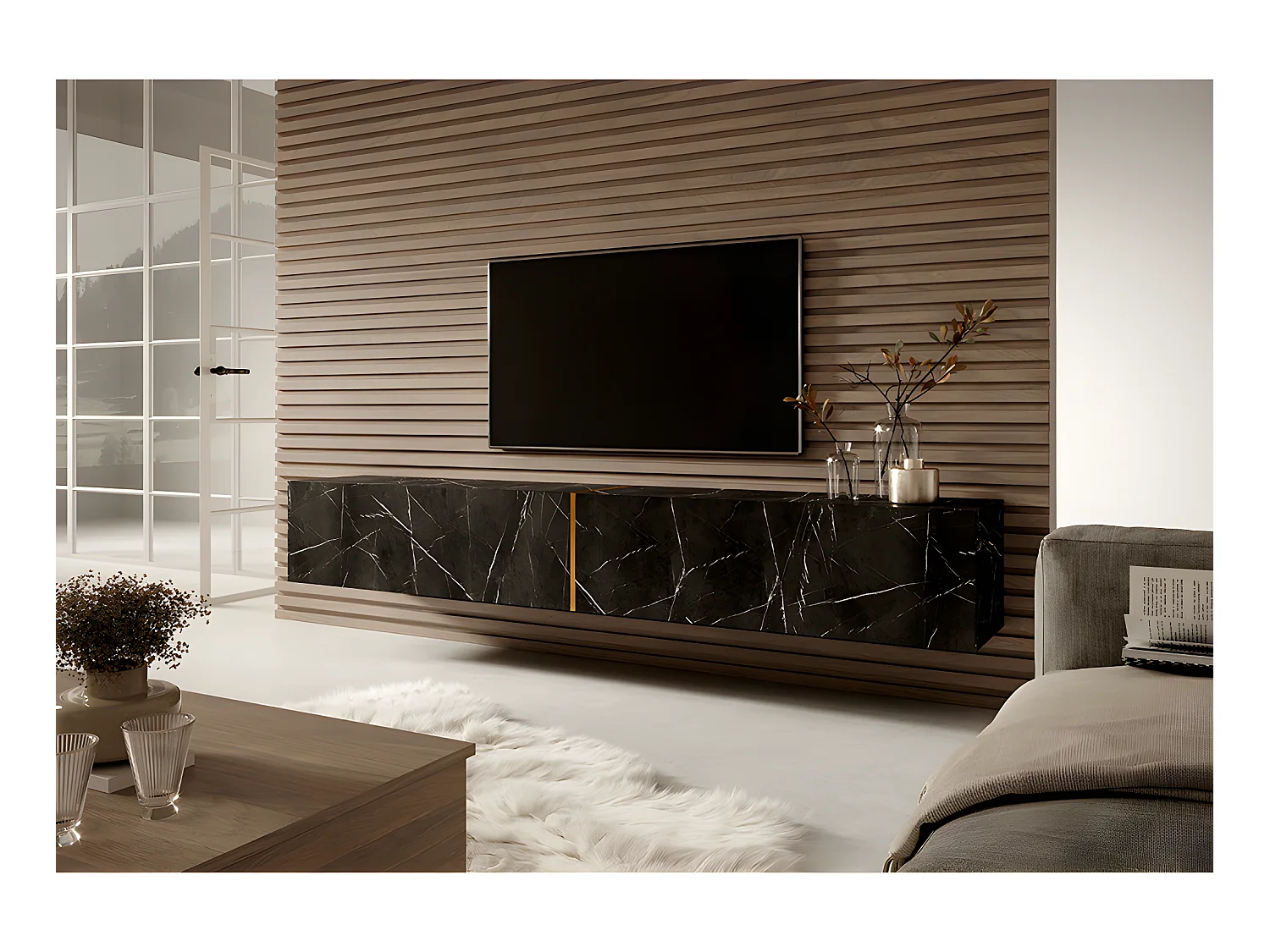 TV-Schrank Schwarz in Marmor-Optik mit goldfarbenem Einsatz, 200 cm - Bisira