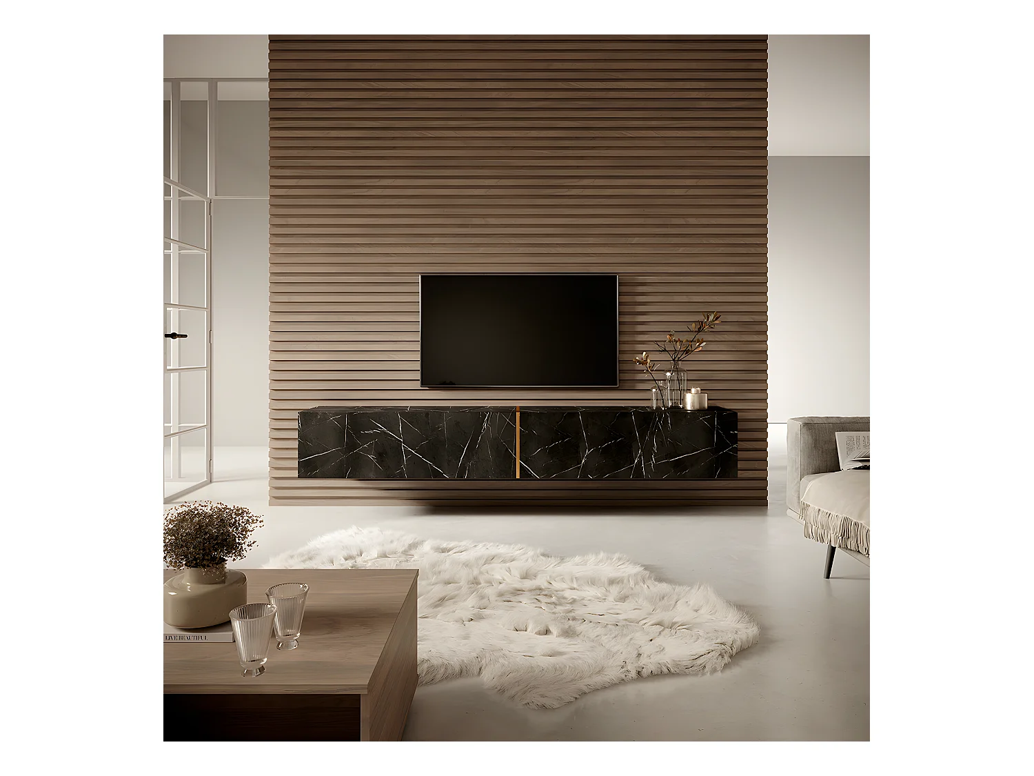 Meuble TV 200 cm - en marbre noir avec insert doré - BISIRA