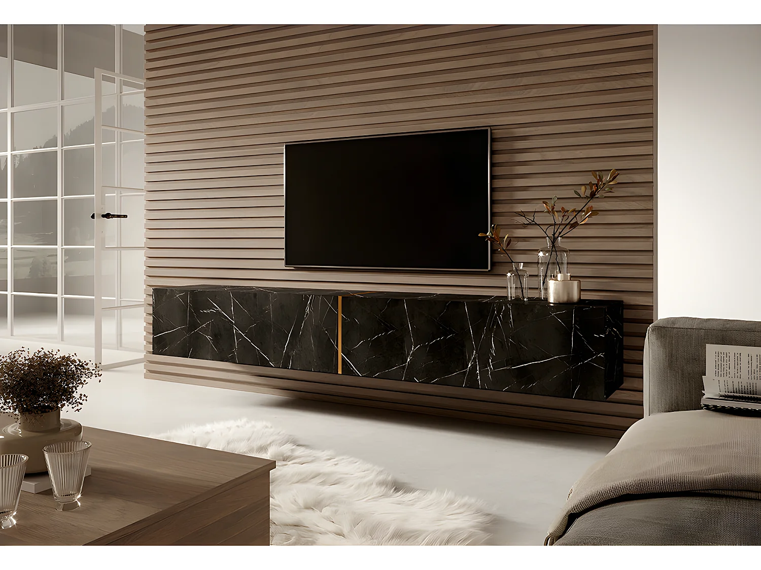 Meuble TV 200 cm - en marbre noir avec insert doré - BISIRA