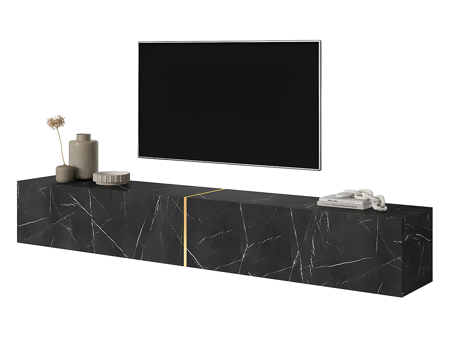 Meuble TV 200 cm - en marbre noir avec insert doré - BISIRA