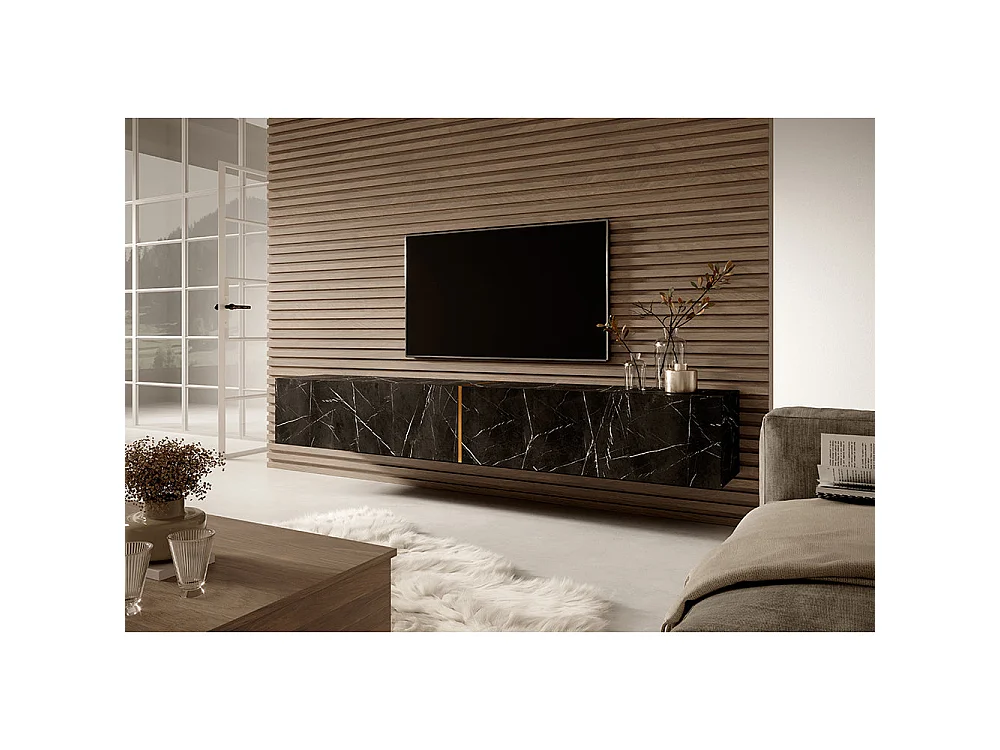 Meuble TV 200 cm - en marbre noir avec insert doré - BISIRA