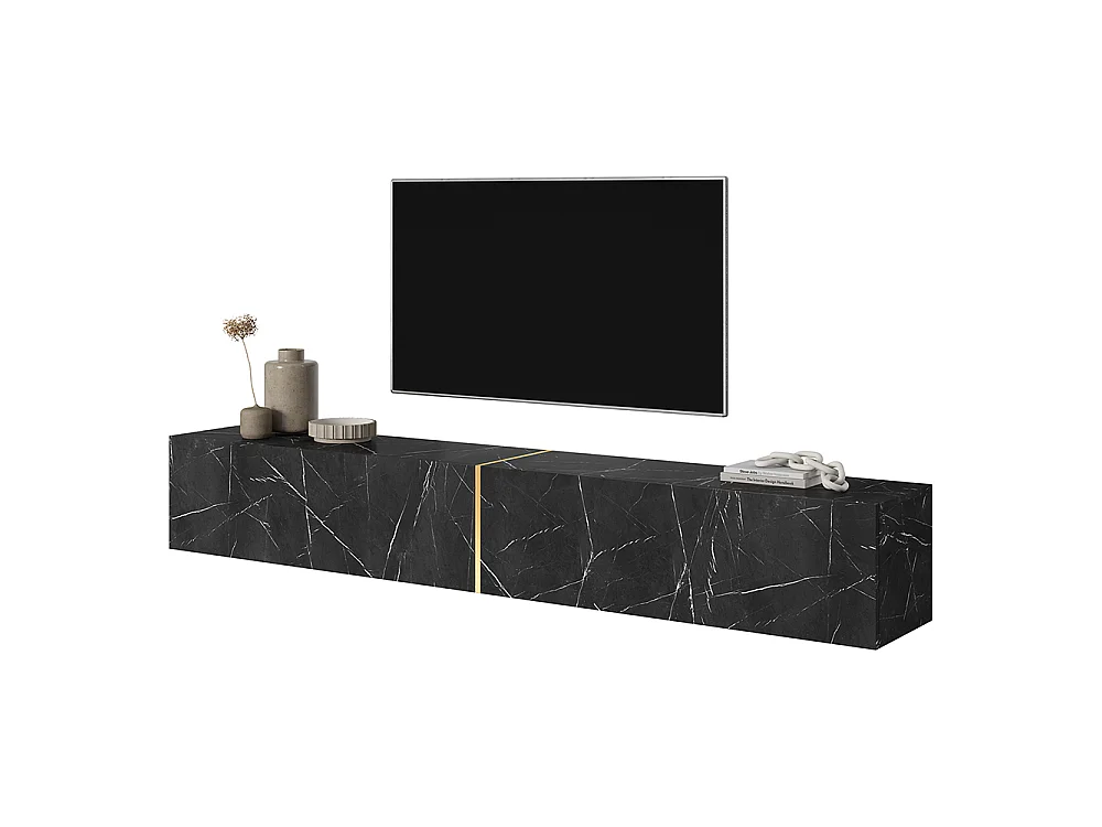 Meuble TV 200 cm - en marbre noir avec insert doré - BISIRA
