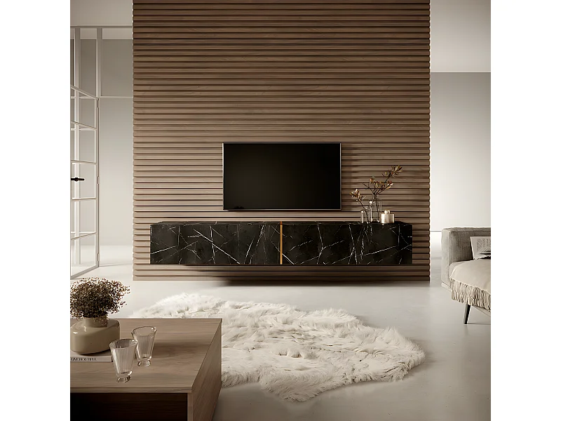 Meuble TV 200 cm - en marbre noir avec insert doré - BISIRA