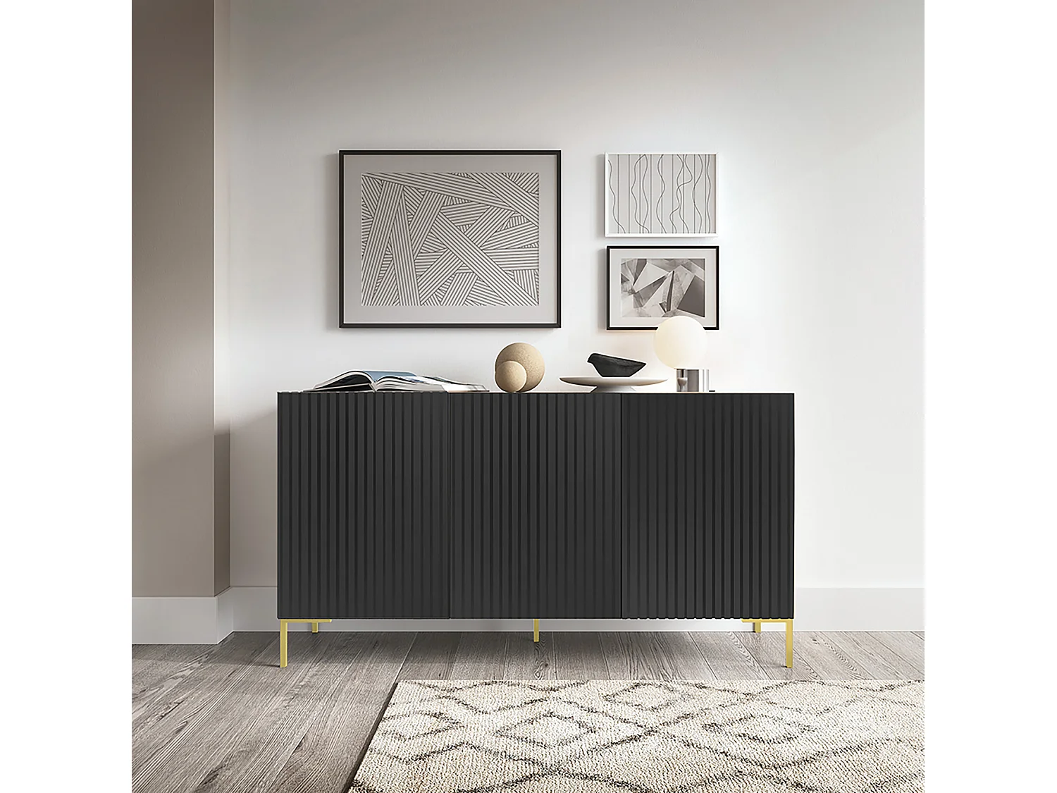 Credenza a 3 ante 140 cm con frontali a doghe, nera - Lammelo