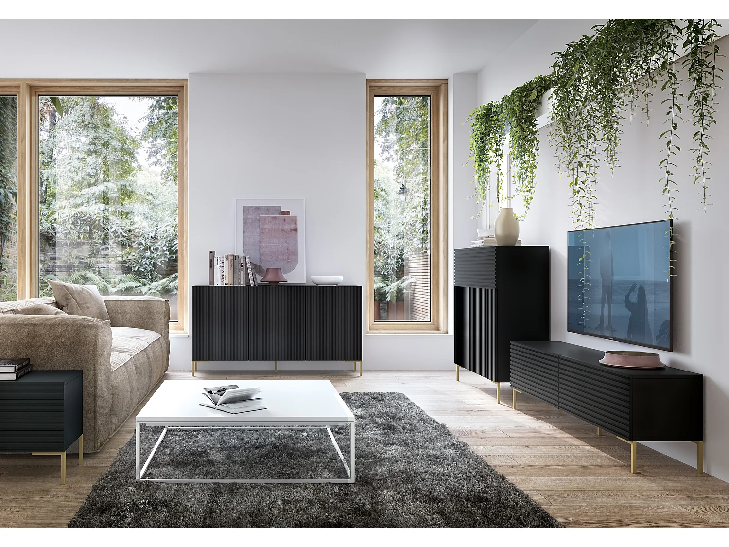 Credenza a 3 ante 140 cm con frontali a doghe, nera - Lammelo