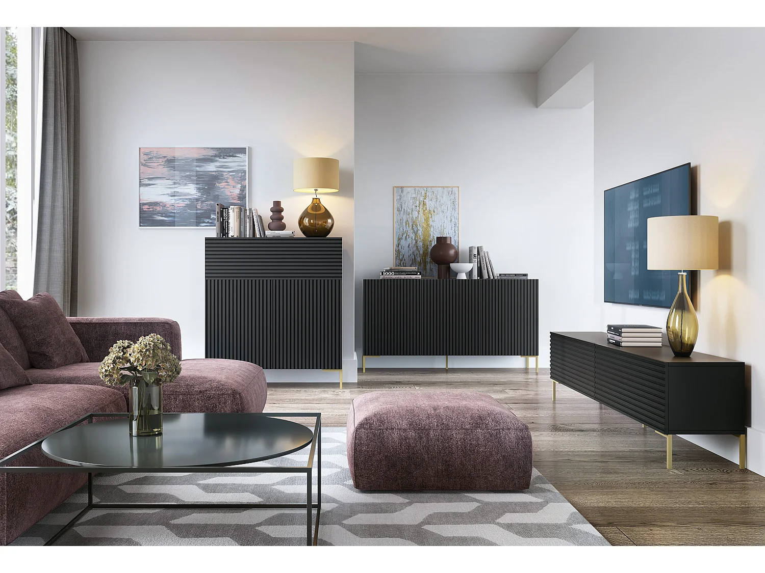 Credenza a 3 ante 140 cm con frontali a doghe, nera - Lammelo