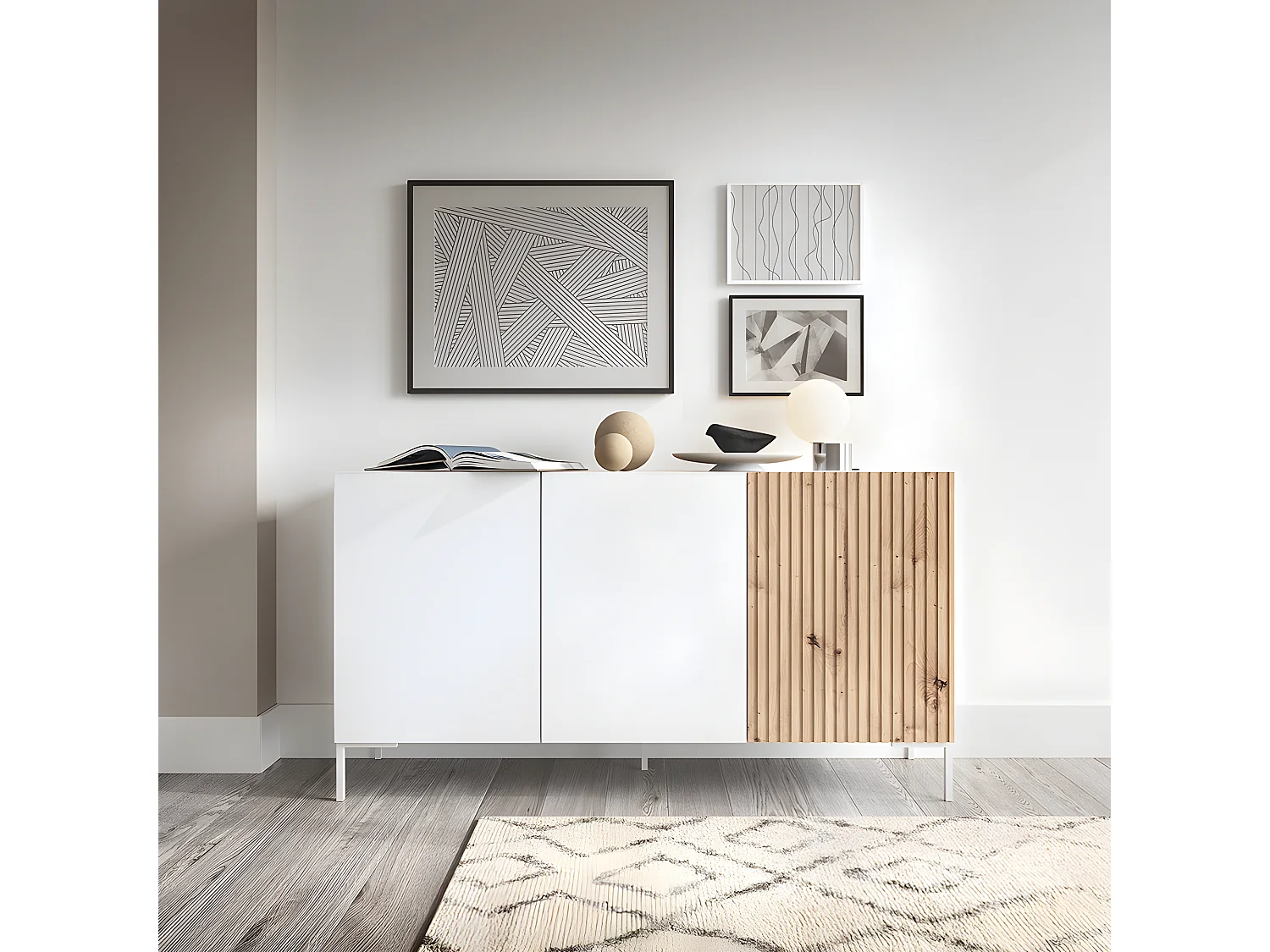 Commode à trois portes - 140 cm - blanc/lattes de chêne -