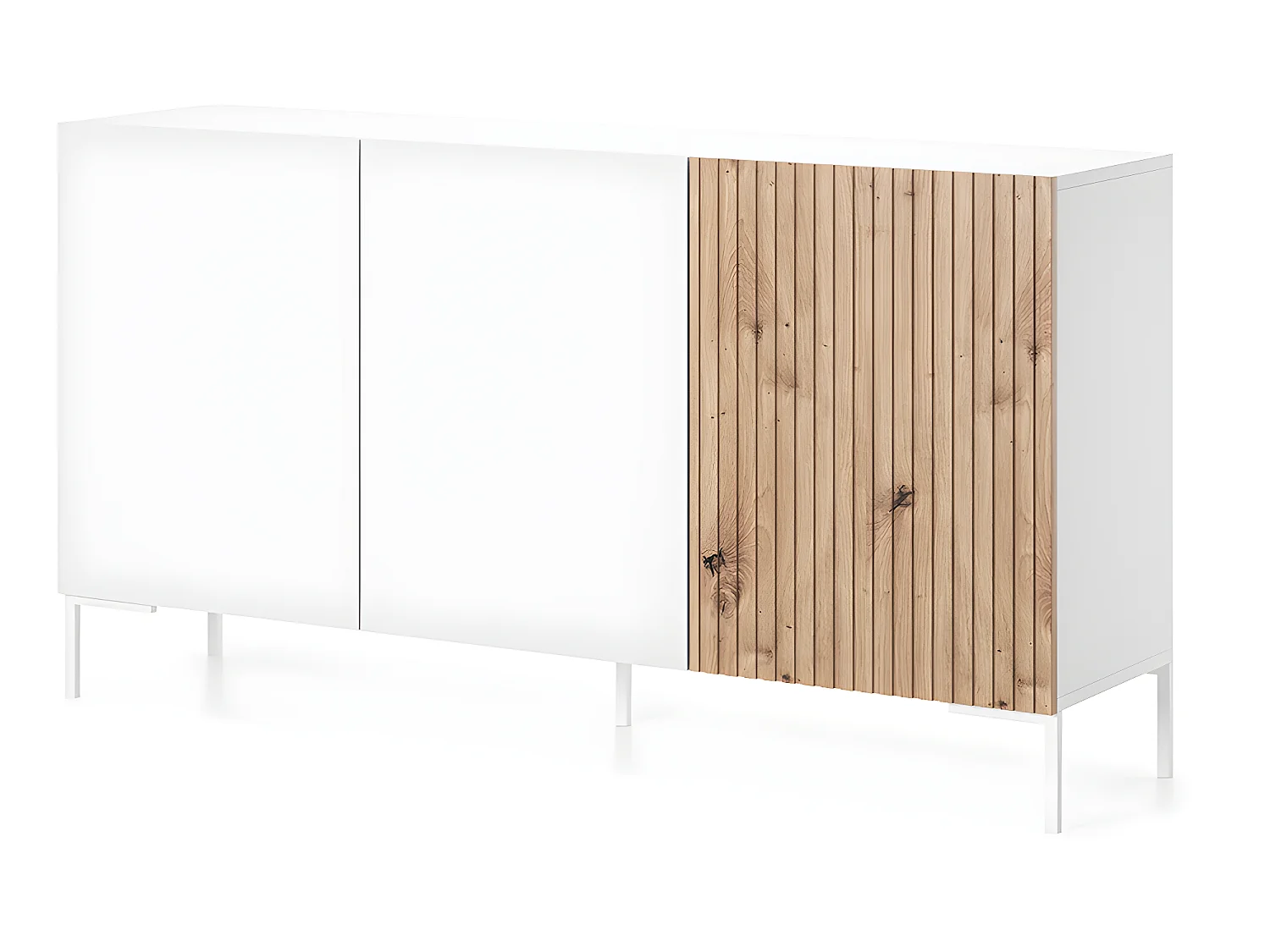 Commode à trois portes - 140 cm - blanc/lattes de chêne -