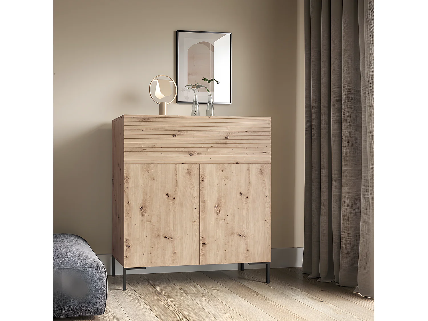 Kommode 92 cm hoch - Eiche - mit Lamellen - schwarze Beine - Lammelo